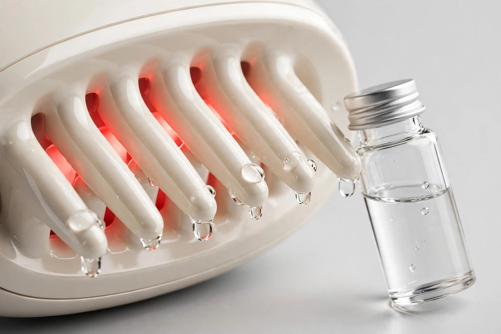 Close-up of the scalp comb head with red light and essence dispensing at the teeth