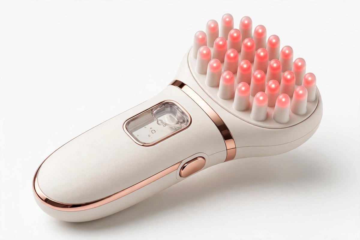 Cream-white red light scalp care comb with glowing red massage teeth and essence reservoir on a white studio background