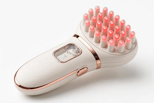 Cream-white red light scalp care comb with glowing red massage teeth and essence reservoir on a white studio background