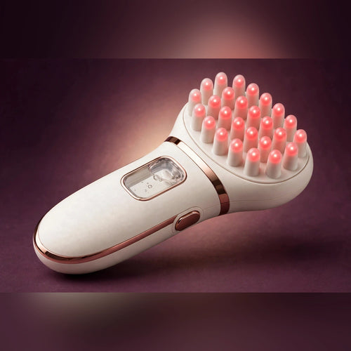 Red light scalp care comb on deep plum studio backdrop