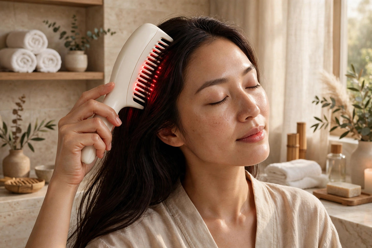 Woman relaxing while gliding a red light scalp care comb through her hair