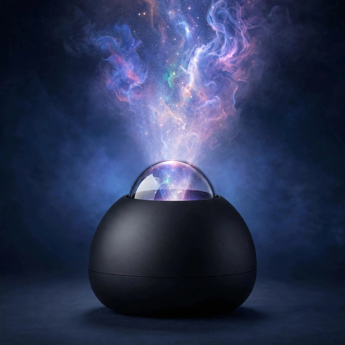 Galaxy star projector on deep indigo studio backdrop