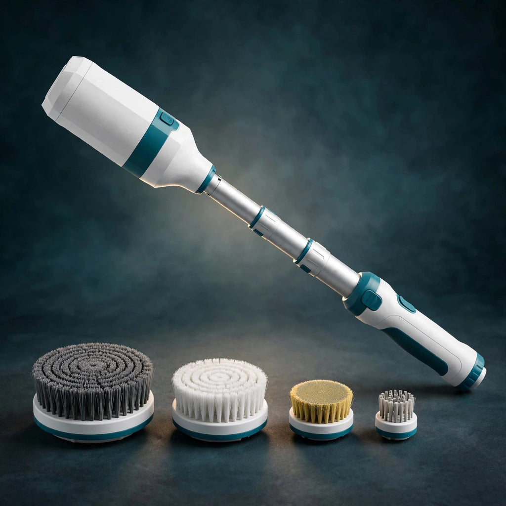 Electric spin scrubber with brush heads on deep teal studio backdrop