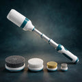 Electric spin scrubber with brush heads on deep teal studio backdrop