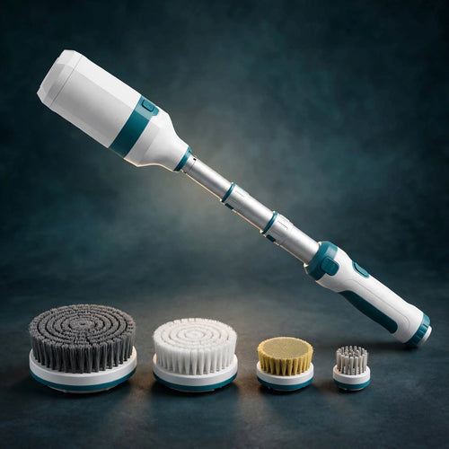Electric spin scrubber with brush heads on deep teal studio backdrop
