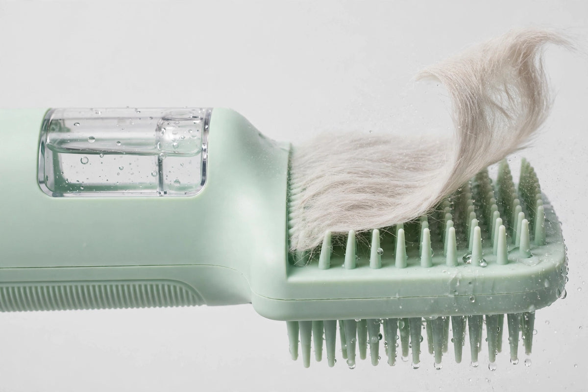 Close-up of a pet steam brush with a sheet of collected fur peeling off the bristles