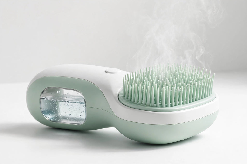 Mint green handheld pet steam brush with gentle vapor on a white studio background
