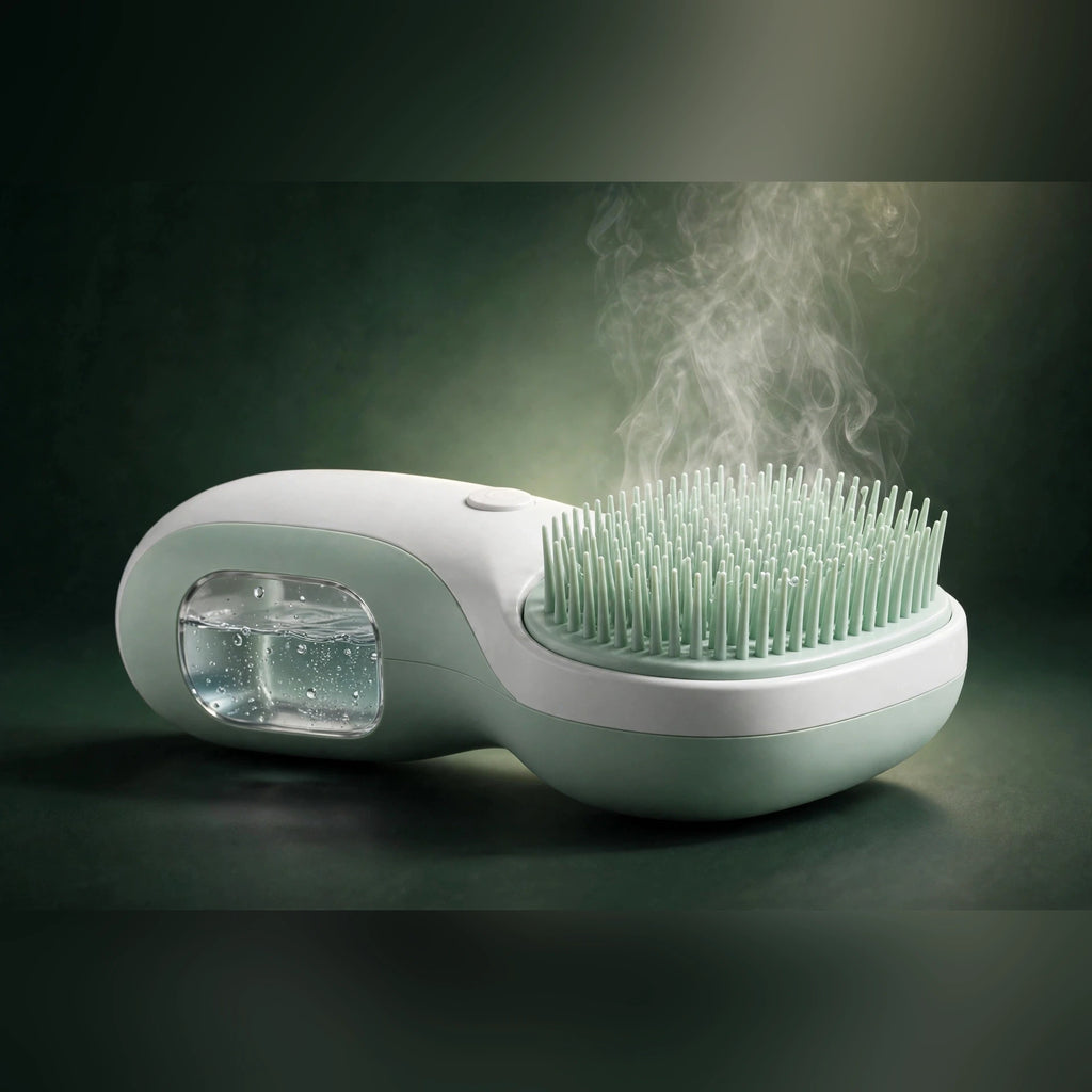 Pet steam brush on deep green studio backdrop