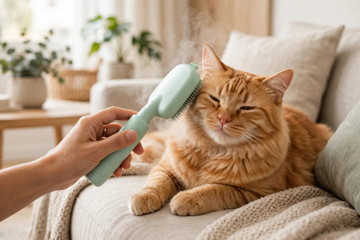 Hand brushing a relaxed orange cat with a pet steam brush, fine mist visible