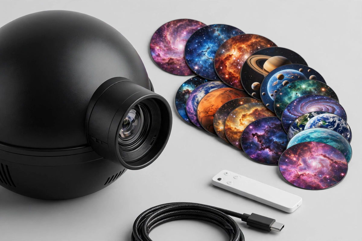 Star projector with its 13 HD film discs, remote control and USB-C cable