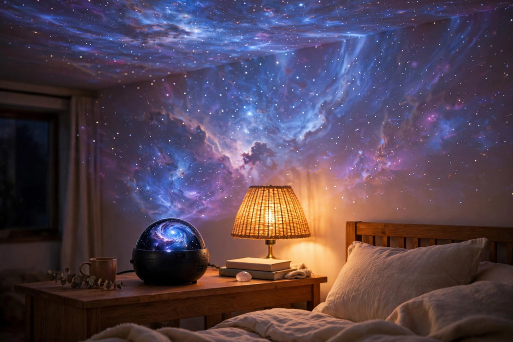 Star projector on a nightstand filling a bedroom ceiling with a blue and purple nebula