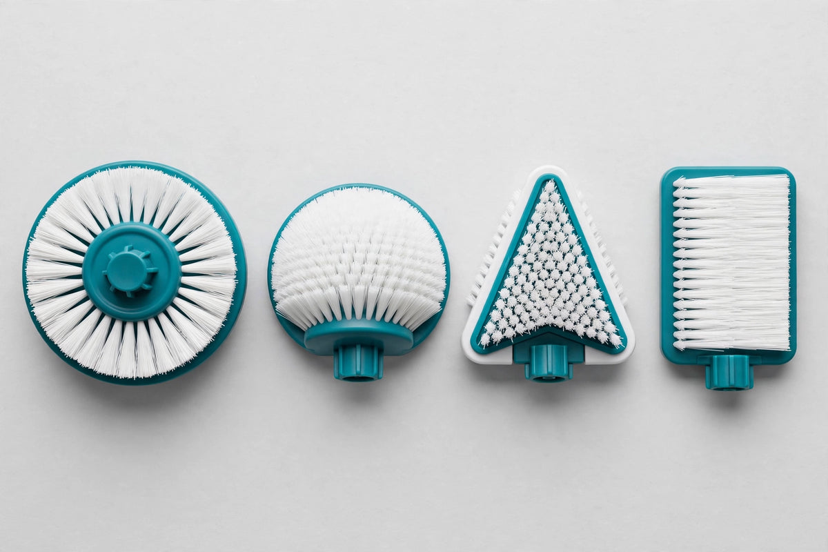Flat-lay of interchangeable spin scrubber brush heads in different shapes