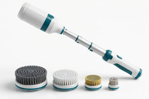 Electric spin scrubber with extendable handle and interchangeable brush heads on a white studio background