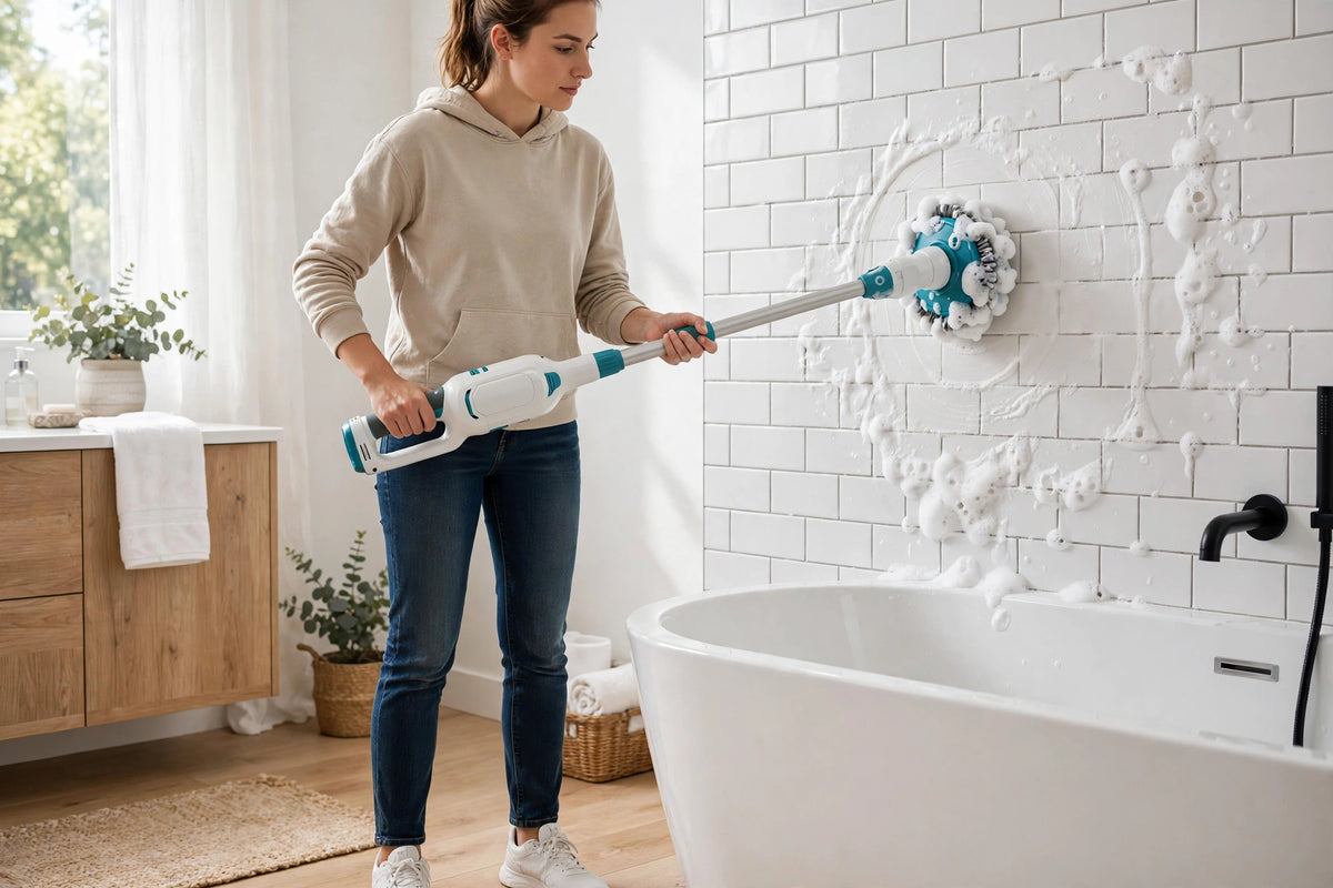 Person cleaning bathroom tiles with an electric spin scrubber on an extended handle