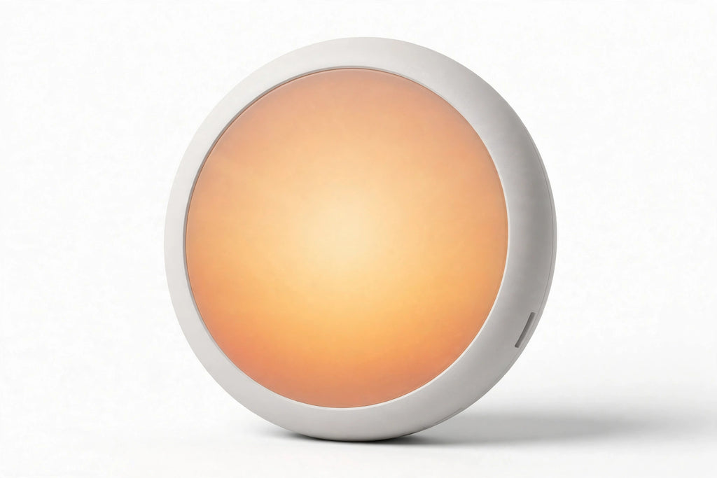 Round sunrise wake-up light glowing warm amber on a white studio background