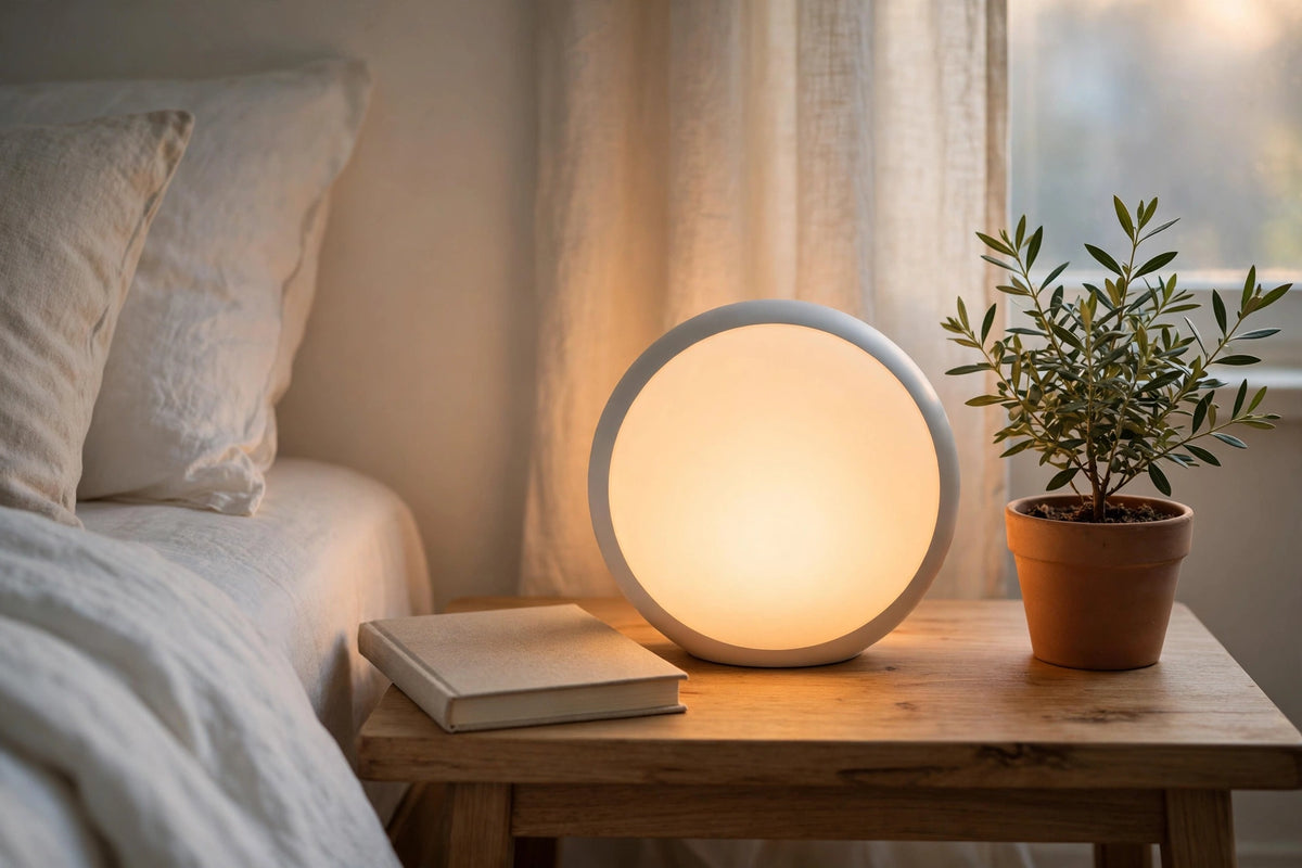 Sunrise wake-up light glowing on a bedside table at dawn